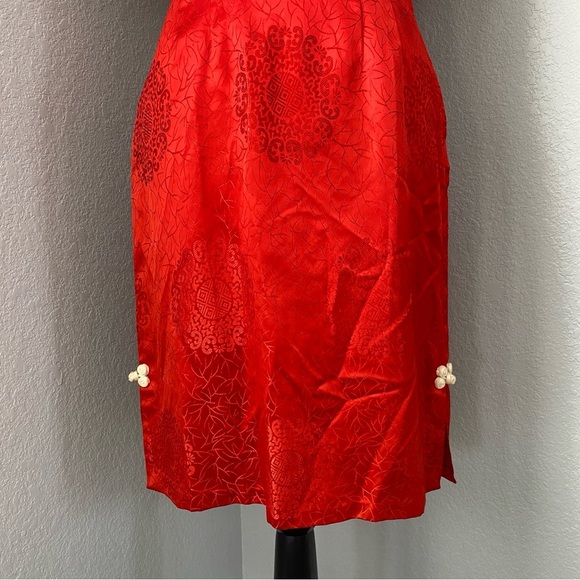 VINTAGE Cheongsam Qipao Mandarin Red Silky Dress - Picture 4 of 15